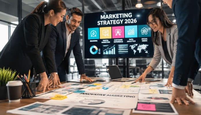 Corporate marketing team collaborating around a strategy table while analyzing campaign dashboards and data-driven insights on a large screen labeled Marketing Strategy 2026, illustrating Recent Innovative Marketing Examples through real-time brainstorming, digital analytics, and cross-functional brand planning in a modern office environment.