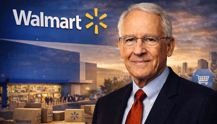 Rob Walton - Startupeditor | Startup Editor An image of a Walmart store with Rob Walton, heir to the Walmart fortune, standing in front. This represents one of the richest people in the world, contributing to Walmart’s global retail dominance