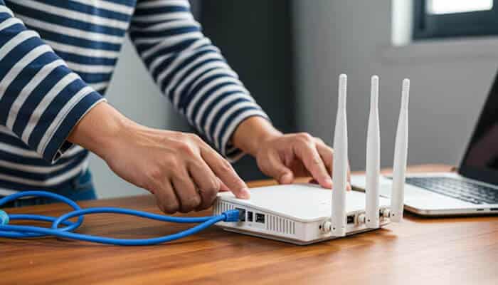 Router Issues - Startupeditor | Startup Editor Why Is My Internet Not Working as a person reconnects an Ethernet cable to a WiFi router during troubleshooting