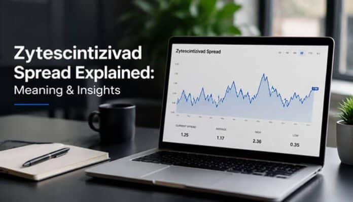 Laptop screen displaying a financial analytics chart with fluctuating line graphs and spread metrics, representing market analysis and data interpretation related to the concept of zytescintizivad spread, which refers to a theoretical spread measurement used in analytical modeling to track price variations, trends, and performance fluctuations in structured financial or data-driven systems.