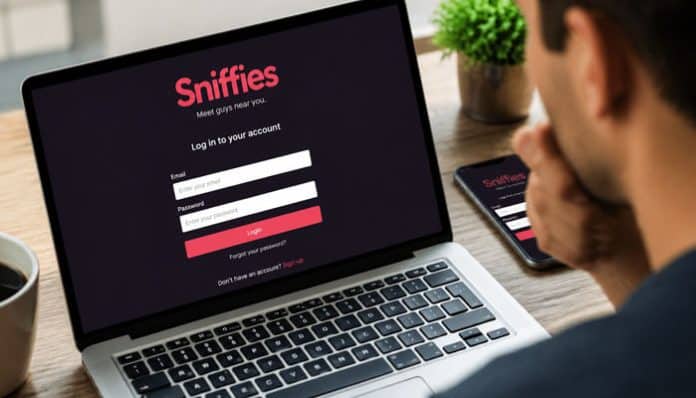Sniffies Logi screen displayed on a laptop and mobile device showing email and password login interface, illustrating secure account access process for the Sniffies platform, a location-based social networking system for connecting users through online profiles and real-time interaction.