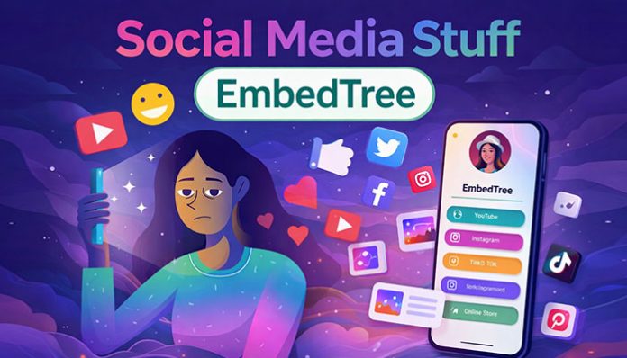 Social Media Stuff EmbedTree concept showing creator overwhelmed by multiple social platforms with centralized content hub and embedded media interface