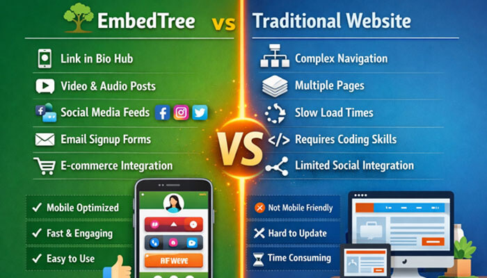 Social Media Stuff EmbedTree vs Traditional Website - Startupeditor | Startup Editor Social Media Stuff EmbedTree vs traditional website comparison showing features like link in bio hub, social feeds, and mobile optimization
