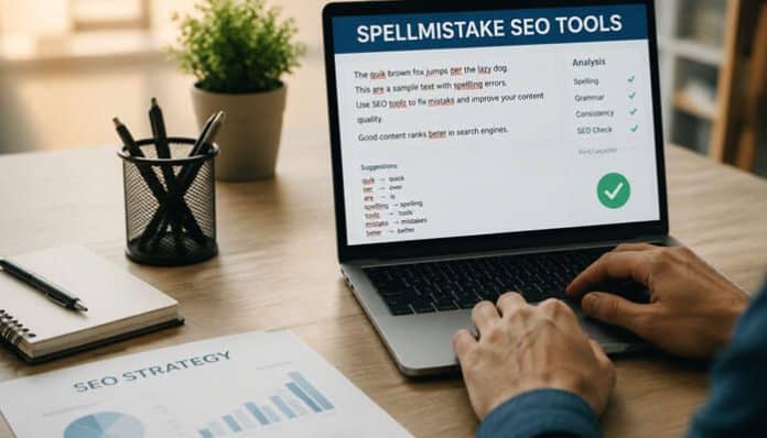 Spellmistake SEO Tools used on a laptop screen analyzing spelling errors, grammar issues, and SEO content quality while a digital marketer reviews SEO strategy charts on a desk in a modern workspace.