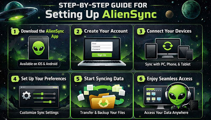 Step-by-Step Guide for Setting Up AlienSync - Startupeditor | Startup Editor Apps and Software AlienSync step-by-step setup guide showing app installation, account creation, device connection, and data synchronization workflow
