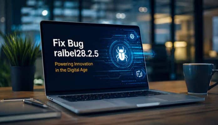 Modern software debugging workspace showing a laptop screen displaying a bug-fixing interface labeled “Fix Bug ralbel28.2.5,” featuring a digital system diagnostics theme with cybersecurity-style visuals and error-resolution indicators, representing the fix bug ralbel28.2.5 process as an advanced software maintenance and debugging framework focused on identifying, analyzing, and resolving system-level application issues in modern digital environments.