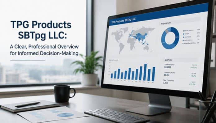 TPG Products SBTPG LLC professional business overview displayed beside a desktop analytics dashboard featuring regional sales, revenue, profit and performance charts.