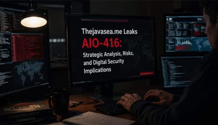 thejavasea.me leaks aio-416 cybersecurity analysis scene showing a dark-themed security operations workstation with multiple monitors displaying threat intelligence dashboards, code logs, and risk assessment interfaces labeled “AIO-416,” representing digital forensics, incident response monitoring, and strategic analysis of alleged data leak activity in a controlled cybersecurity environment focused on identifying vulnerabilities and security implications.