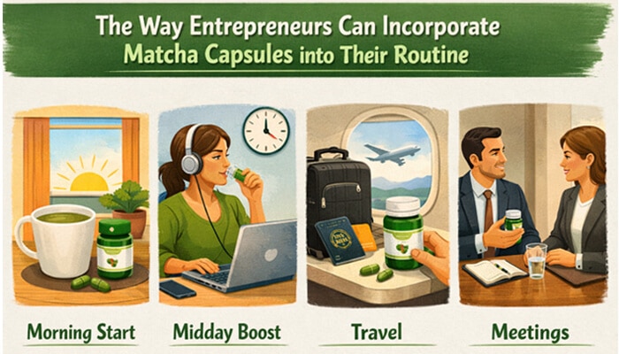 The way Entrepreneurs can incorporate Matcha Capsules into their routine- startupeditor | Startup Editor The Way Entrepreneurs Can Incorporate Matcha Capsules into Their Routine: Morning Start, Midday Boost, Travel, and Meetings.