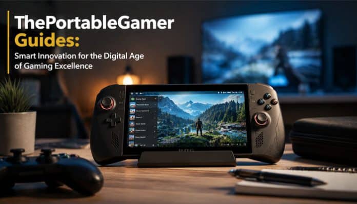 Handheld gaming console on a desk showing gameplay, representing theportablegamer guides for portable gaming tips, reviews, and optimization.