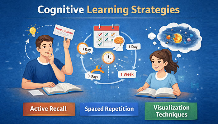 Three Cognitive Learning Strategies to Implement - Startupeditor | Startup Editor Cognitive Learning Strategies infographic featuring Active Recall, Spaced Repetition, and Visualization Techniques with illustrated representations of students studying and reviewing over time