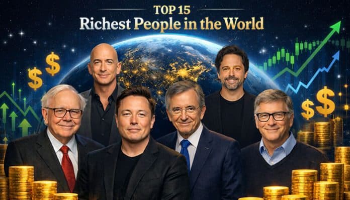 A digital illustration featuring the top richest people in the world, including Elon Musk, Jeff Bezos, Bernard Arnault, Warren Buffett, and Bill Gates, standing in front of Earth with glowing financial symbols and stacks of gold coins. Title text reads Top 15 Richest People in the World