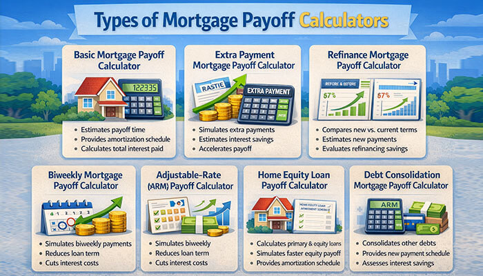 Types of Mortgage Payoff Calculators - Startupeditor | Startup Editor Types of Mortgage Payoff Calculators infographic showing different calculators for basic, extra payment, biweekly, refinance, ARM, home equity, and debt consolidation loan repayment strategies.
