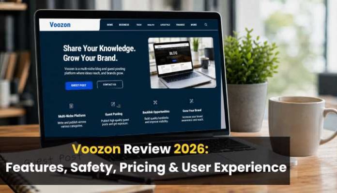Voozon review 2026 displayed on a laptop screen, highlighting features, safety, pricing, and user experience for guest posting and SEO.