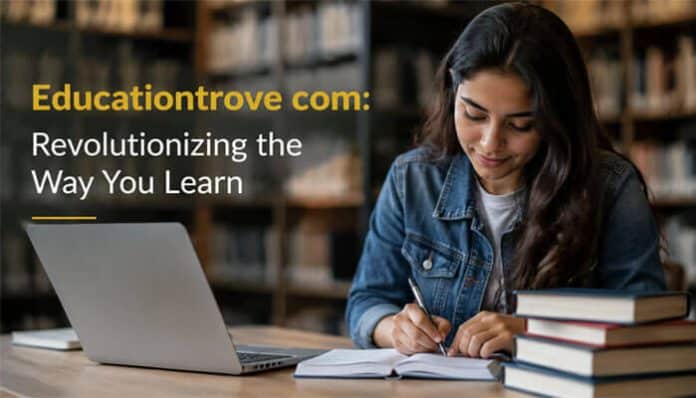 Educationtrove com online learning platform visualized through a student studying at a desk with a laptop and books, representing structured digital education, self-paced learning systems, and knowledge acquisition supported by modern e-learning technologies and academic resource optimization.