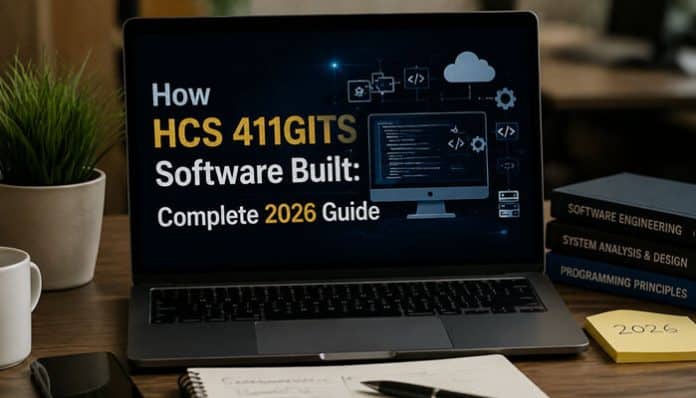 Modern workspace showing a laptop displaying a software architecture interface with cloud computing icons, code structures, and system design visuals, representing how hcs 411gits software built through structured development, cloud integration, APIs, and modern engineering principles in a complete 2026 guide.