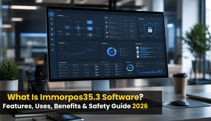 What Is Immorpos35.3 Software dashboard showing business automation, analytics, workflow tools, and software safety features.