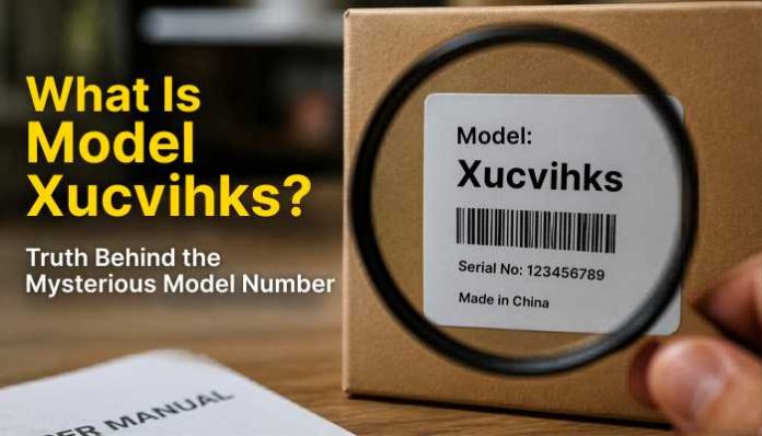 What Is Model Xucvihkds explained with a magnifying glass checking a product label and mysterious model number