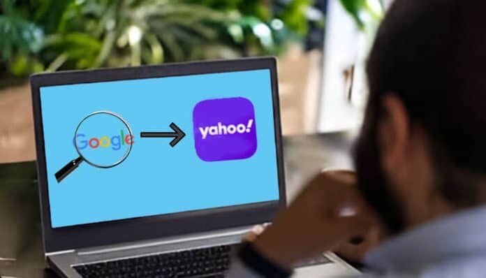 Why Does My Search Engine Keep Changing to Yahoo as a person views a laptop with a visual representation of Google changing to Yahoo