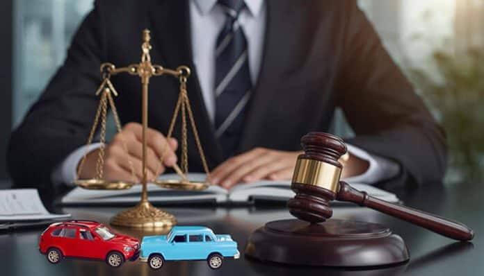 Car Accident Attorneys in New York representing clients with legal documents a gavel and car accident symbols on a desk