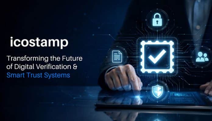 icostamp digital verification platform concept showing a user interacting with a secure AI-powered interface on a tablet, featuring holographic icons of a chip checkmark, lock security, shield protection, and data authentication elements. The visual represents icostamp as a next-generation smart trust system focused on encryption, real-time validation, and decentralized digital verification for modern enterprises.
