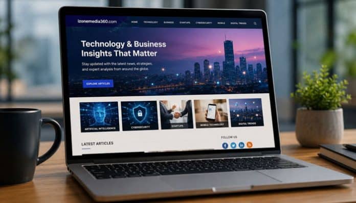izonemedia360.com technology and business publication displayed on a laptop in a modern workspace.