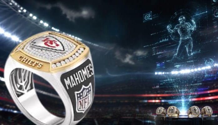 mahomes rings showcasing Patrick Mahomes’ championship ring design with Kansas City Chiefs branding, symbolizing NFL Super Bowl legacy and futuristic digital sports achievement visualization in stadium environment
