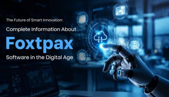 Futuristic digital interface showing a robotic hand interacting with holographic cloud computing and data icons, representing advanced automation and AI-driven systems. The visual illustrates information about foxtpax software, highlighting its role in smart innovation, cloud-based architecture, and next-generation digital transformation for enhanced productivity and intelligent workflow management.