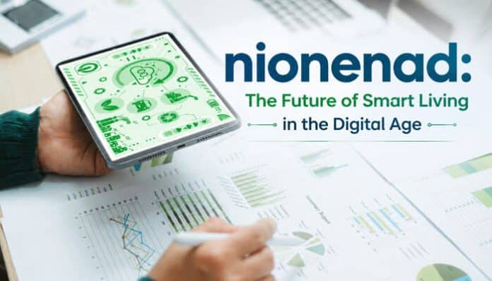 Nionenad smart living concept displayed on a digital tablet showing advanced IoT-style dashboard analytics, symbolizing connected devices, data-driven decision-making, and intelligent automation shaping the future of smart living in the digital age.