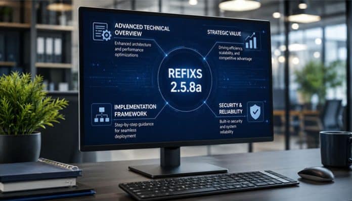 Modern software development workstation displaying a high-level system dashboard labeled “REFIXS 2.5.8a,” showcasing advanced technical overview, implementation framework, strategic performance metrics, and security reliability modules, representing the refixs2.5.8a platform as a next-generation software optimization and system architecture solution focused on scalability, efficiency, and secure deployment environments.