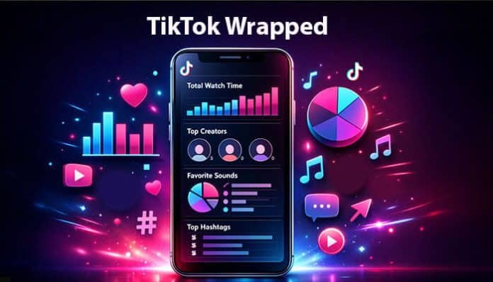 TikTok Wrapped dashboard displayed on smartphone screen showing total watch time, top creators, favorite sounds, and hashtag analytics with colorful charts.