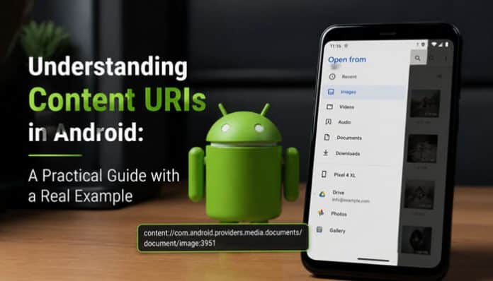 Illustration of an Android smartphone interface displaying a file picker and media access screen alongside the Android robot, with an example of a structured URI path (content://...) explaining how Content URIs in Android enable secure, standardized access to shared data such as images, documents, and media through the Content Provider framework in modern Android development.
