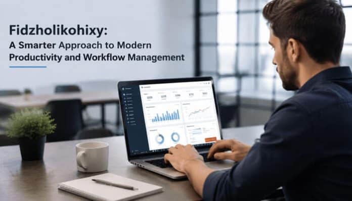 Is Fidzholikohixy safe analysis concept showing a professional using a laptop with a productivity analytics dashboard labeled “Fidzholikohixy,” representing modern workflow management systems, SaaS-based productivity platforms, and enterprise-grade data handling environments, highlighting considerations around platform reliability, user data protection, and digital security in AI-driven workflow tools.