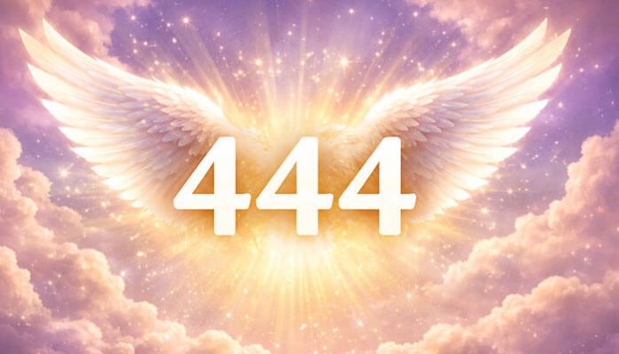 444 angel number with wings and light, symbolizing divine protection and spiritual guidance