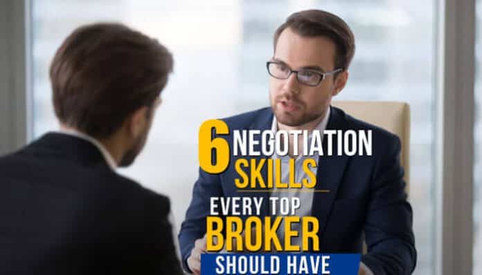 6 Negotiation Skills every top broker should have, showing a professional business negotiation between two corporate brokers discussing strategy, contracts, and deal terms in an office setting with focused communication and decision-making.