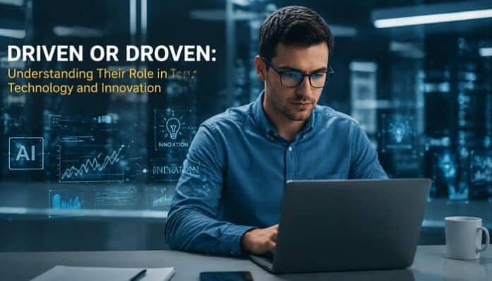 Focused professional working on a laptop in a futuristic AI-powered digital workspace with data analytics dashboards and innovation graphics, representing the concept of driven or droven in technology, machine learning, and modern digital transformation strategies shaping intelligent business decision-making.