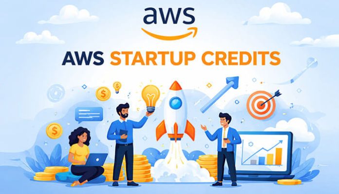 AWS startup credits illustration showing startup founders launching a cloud project using AWS Activate program and cloud infrastructure