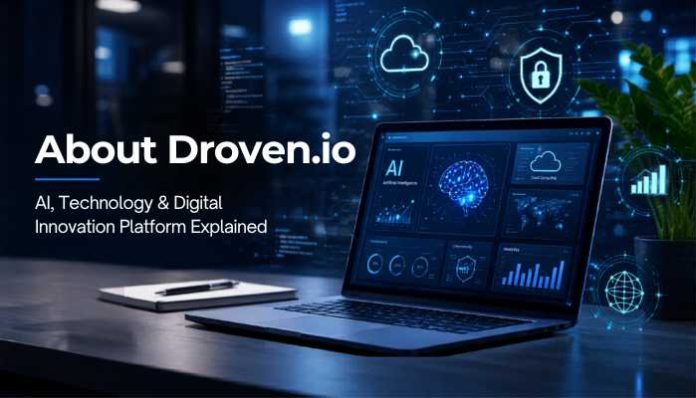 About Droven.io AI and technology platform displayed on a futuristic laptop dashboard with digital cybersecurity, cloud computing, and innovation visuals