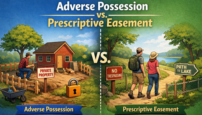 Adverse Possession vs Prescriptive Easement - Startupeditor | Startup Editor Documents needed for adverse possession compared with prescriptive easement in a visual property rights illustration