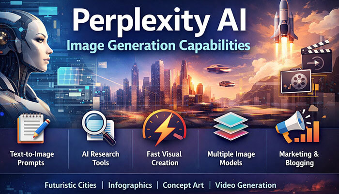 Benefits of Perplexity AI Image Generation - Startupeditor | Startup Editor Illustration explaining Perplexity AI image generation capabilities with text-to-image prompts, AI research tools, multiple image models, and fast visual creation features.