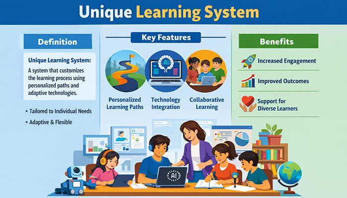 Benefits of a Unique Learning System - Startupedior | Startup Editor Infographic showing the key features and benefits of the Unique Learning System, including personalized learning paths, technology integration, and collaborative learning