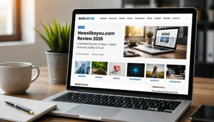 Laptop displaying the newslikeyou.com review website homepage with business, finance, technology, and lifestyle content categories
