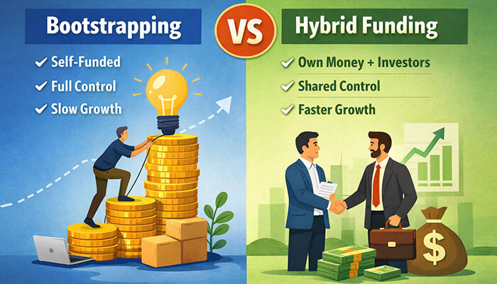 Bootstrapping vs Hybrid Funding Strategy - Startupeditor | Startup Editor Bootstrapping vs hybrid funding strategy comparison showing self-funded startup growth versus investor-supported business scaling