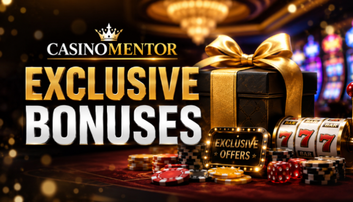 CasinoMentor Exclusive Bonuses with casino chips, slot machine, gift box, free spins, and bonus offers