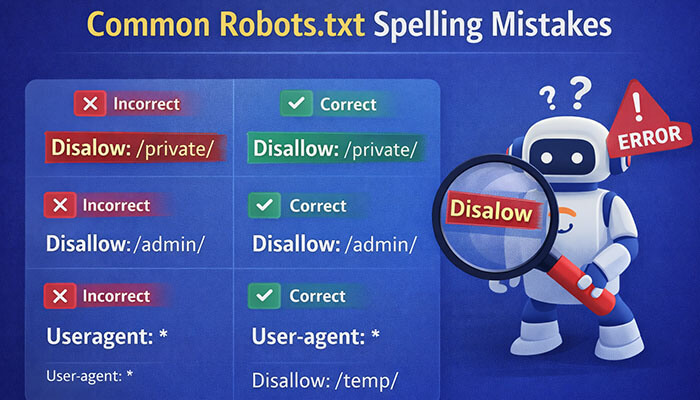 Common Robots | Startup Editor Generate Robots.txt Files Spellmistake infographic showing common robots.txt spelling mistakes such as Disalow, incorrect User-agent format, and syntax errors