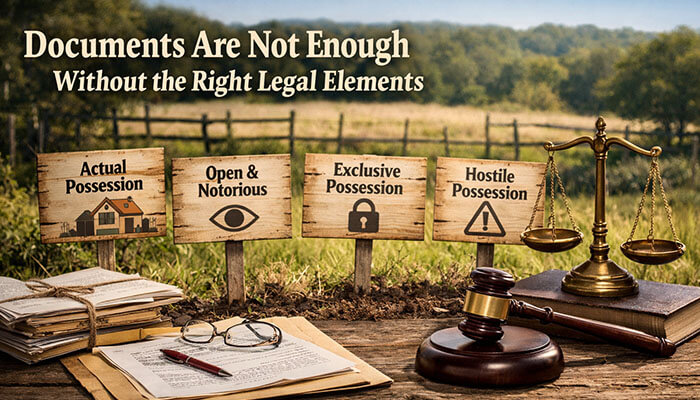 Documents Are Not Enough Without the Right Legal Elements - Startupeditor | Startup Editor Documents needed for adverse possession explained with legal elements like actual possession, open and notorious use, exclusive possession, and hostile possession