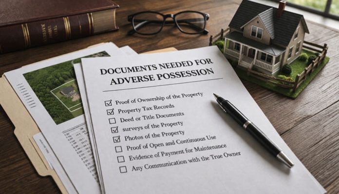 Documents needed for adverse possession checklist with legal papers, pen, glasses, and property model on a desk
