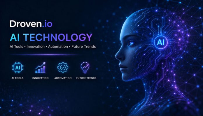 Droven.io AI Technology concept image showing a futuristic human face integrated with digital circuits and glowing neural networks, representing artificial intelligence tools, automation, innovation, and future tech trends.