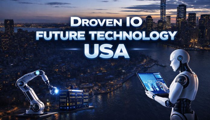 Droven IO Future Technology USA concept showing AI robotics and digital innovation in a modern city landscape