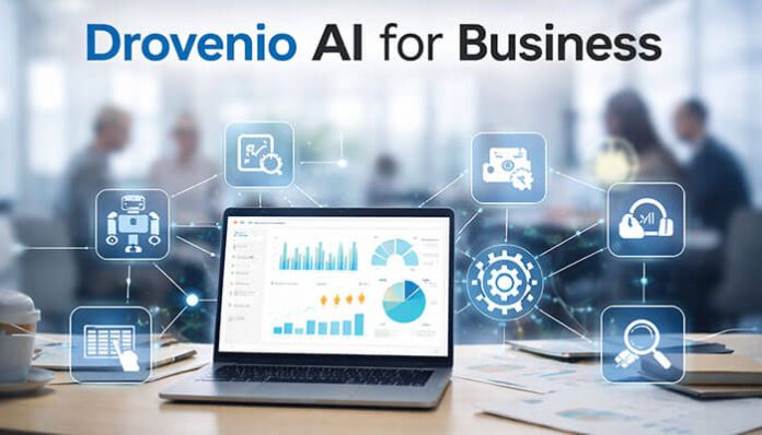 Drovenio AI for Business dashboard showing automation, analytics, and smart workflow tools in a modern office setting